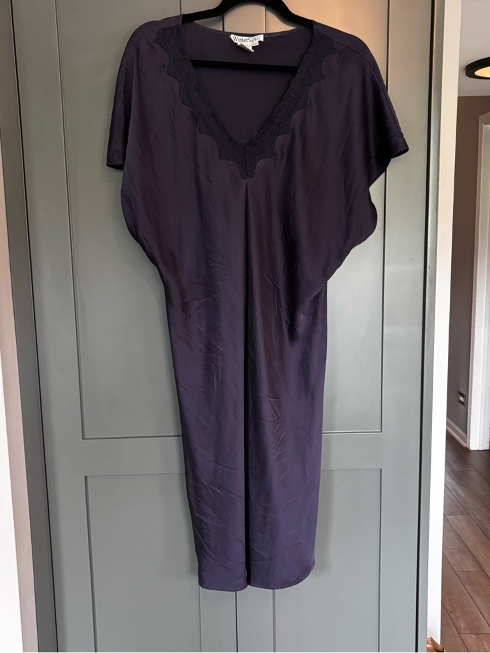 WinterSilks Navy Caftan style dress with Lace V-Neck 100% silk